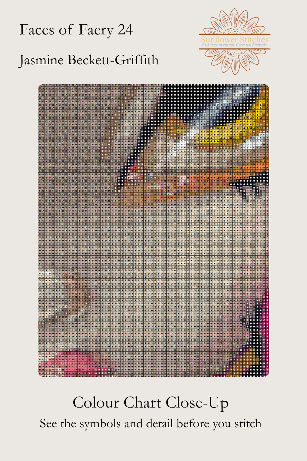 Faces of Faery 24 colour chart close-up showing the fairy’s golden eye and face beneath a grid of cross-stitch symbols.