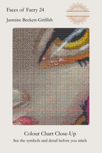 Faces of Faery 24 colour chart close-up showing the fairy’s golden eye and face beneath a grid of cross-stitch symbols.