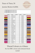 Faces of Faery 24 thread key showing DMC colour numbers, swatches, symbols and estimated thread quantities.