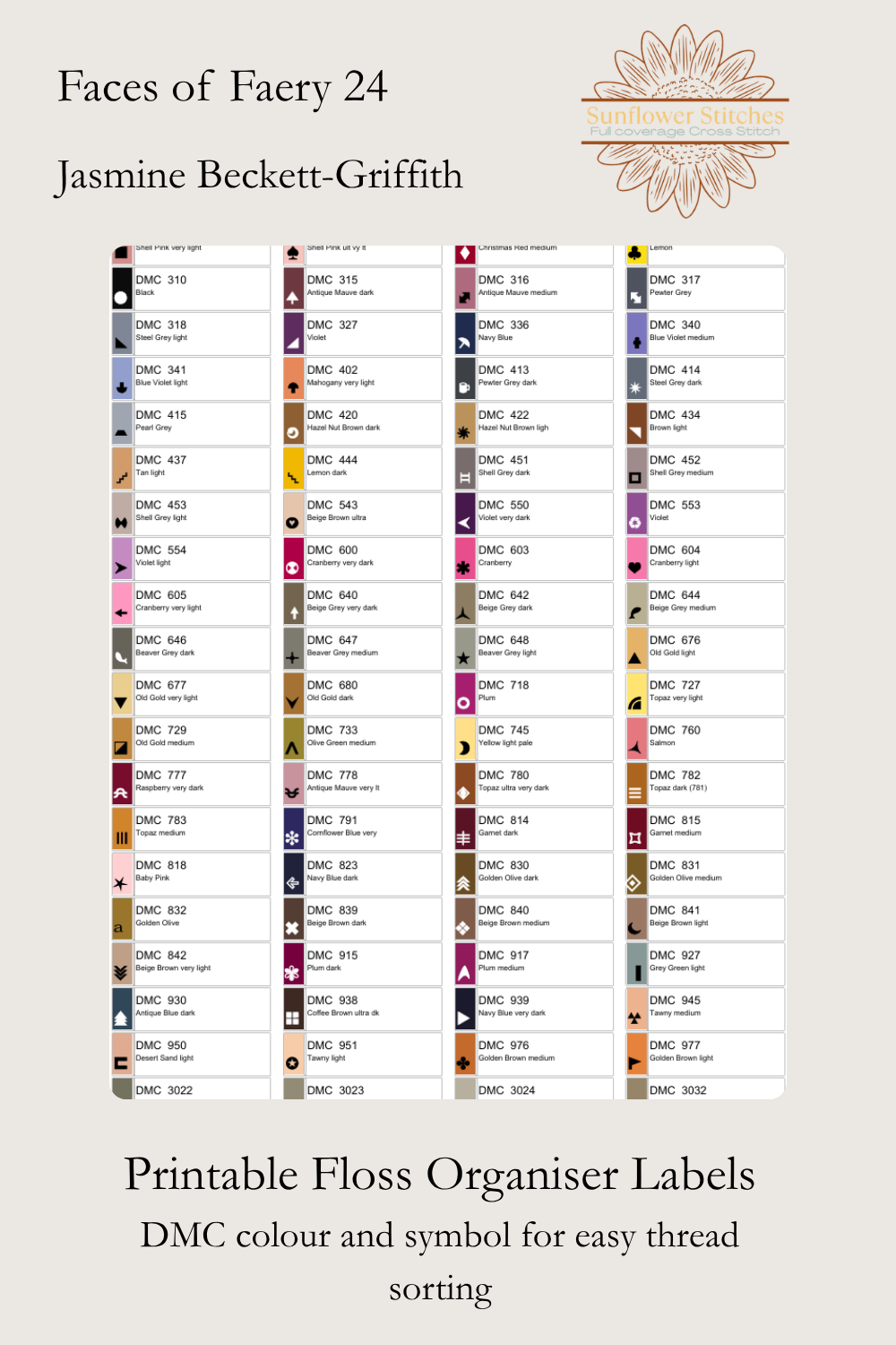 Faces of Faery 24 printable floss organiser labels showing DMC colour numbers, names and matching chart symbols.