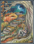 Digital PDF full-coverage cross-stitch chart of a girl reading beneath a tree, Follow Your Path by Sunflower Stitches.