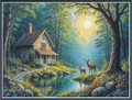 A full coverage cross stitch mockup showing a small wooden cottage beside a winding stream in a sunlit forest, with two deer standing near the water. The scene is rich in green trees, blue-green water and mist, warm yellow sunlight, and brown earth tones.
