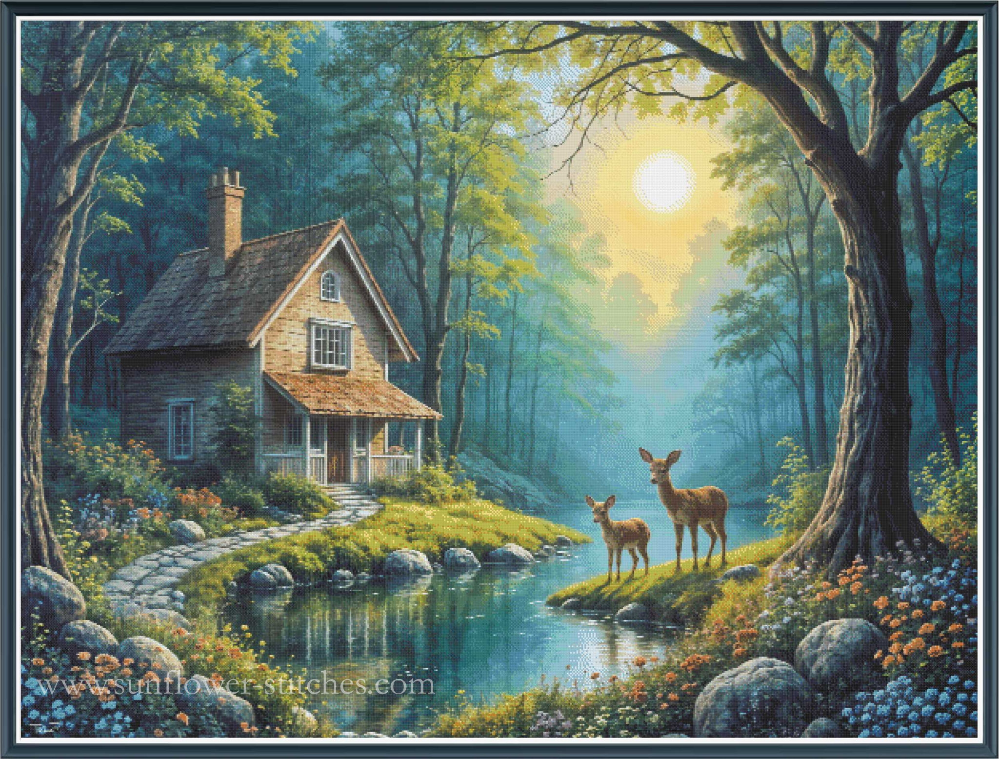 A full coverage cross stitch mockup showing a small wooden cottage beside a winding stream in a sunlit forest, with two deer standing near the water. The scene is rich in green trees, blue-green water and mist, warm yellow sunlight, and brown earth tones.