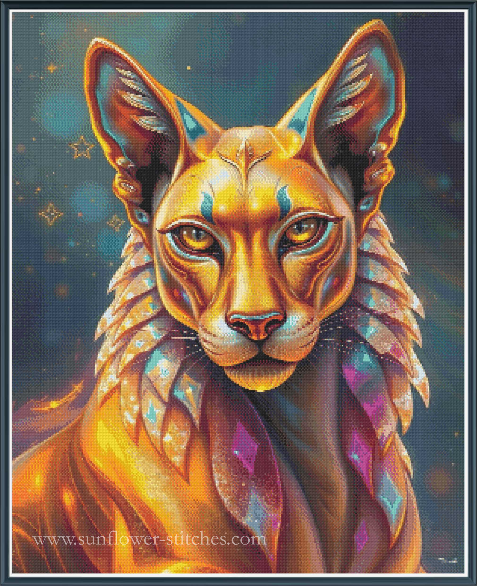 A stylized fantasy portrait of a sphynx head and upper chest rendered in glowing gold, orange, teal, and purple tones against a dark blue starry background.