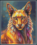 A stylized fantasy portrait of a sphynx head and upper chest rendered in glowing gold, orange, teal, and purple tones against a dark blue starry background.
