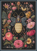 A vintage-style floral and insect cross stitch featuring a large blue and cream beetle surrounded by pink, red, yellow, and green flowers on a dark background,.