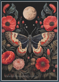 A cross stitch design featuring a large butterfly with patterned wings surrounded by red poppies and a full moon on a black background. The text 'www.