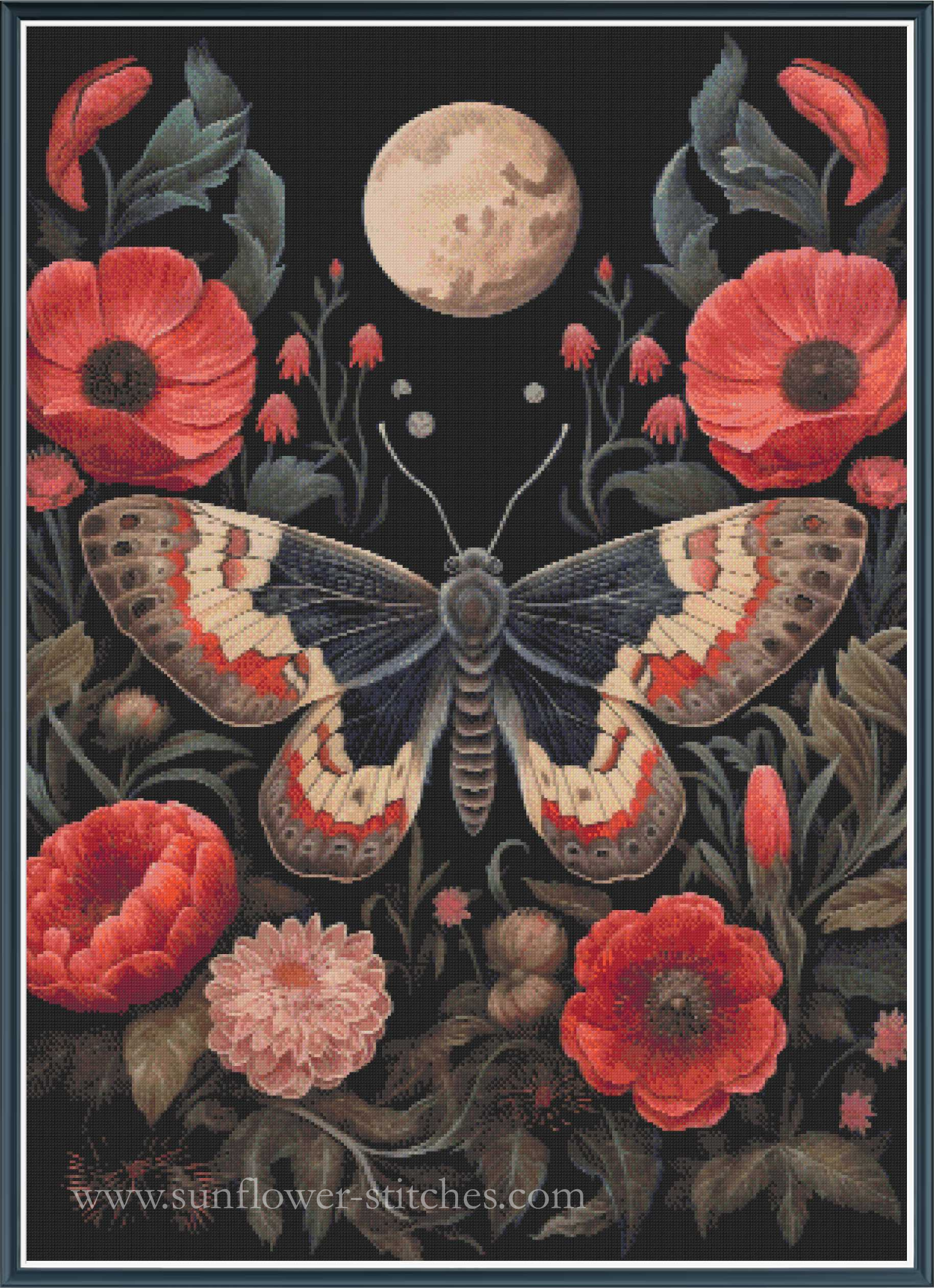 A cross stitch design featuring a large butterfly with patterned wings surrounded by red poppies and a full moon on a black background. The text 'www.