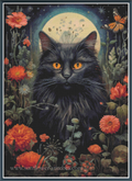 A whimsical fantasy-style cross stitch of a fluffy black cat with glowing orange eyes, surrounded by orange flowers, green foliage, a full moon, and a butterfly. 