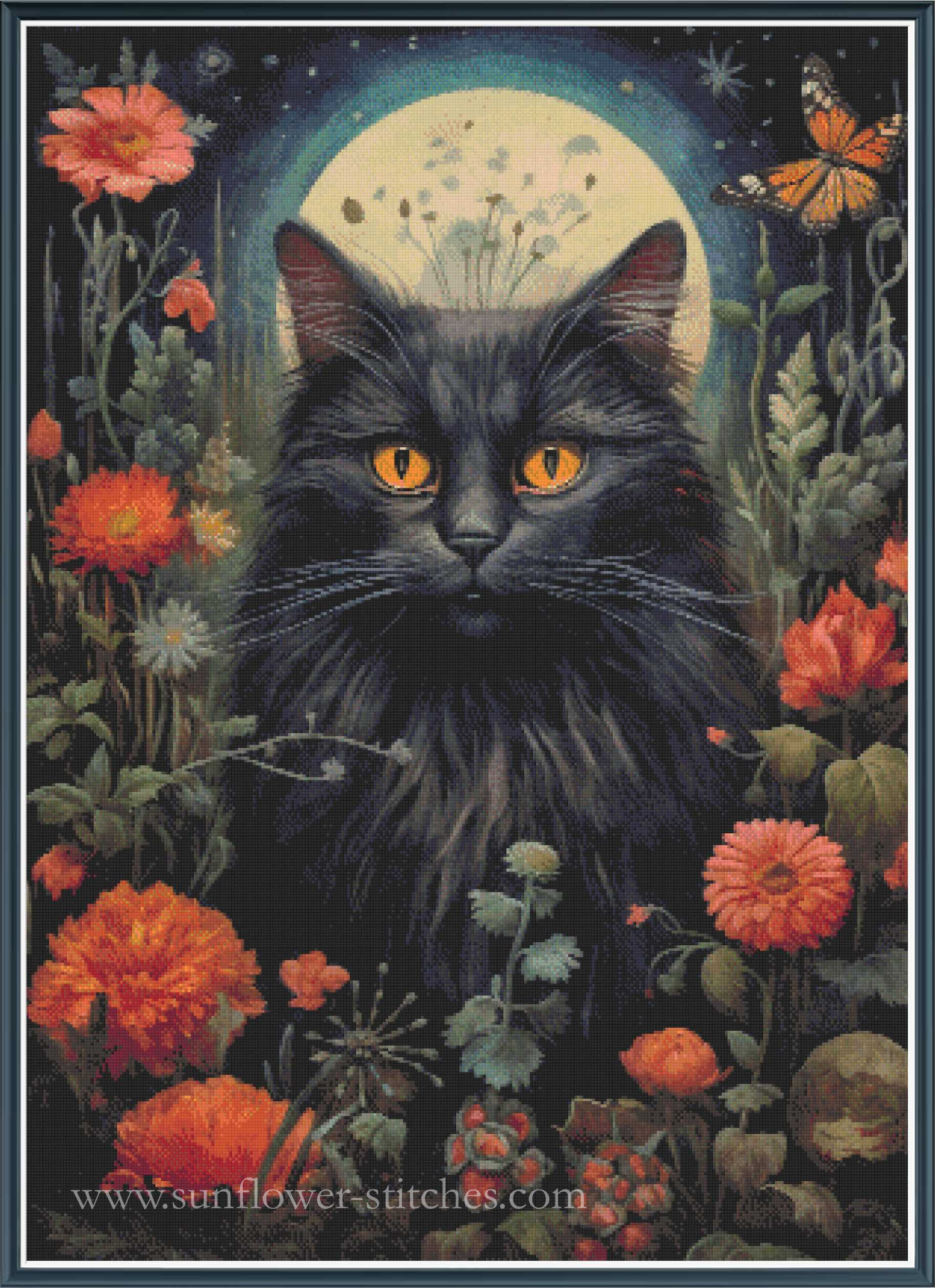 A whimsical fantasy-style cross stitch of a fluffy black cat with glowing orange eyes, surrounded by orange flowers, green foliage, a full moon, and a butterfly. 