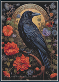 A cross-stitch pattern design featuring a black raven perched among vibrant orange and purple flowers, set against a dark background with a golden arch motif. 
