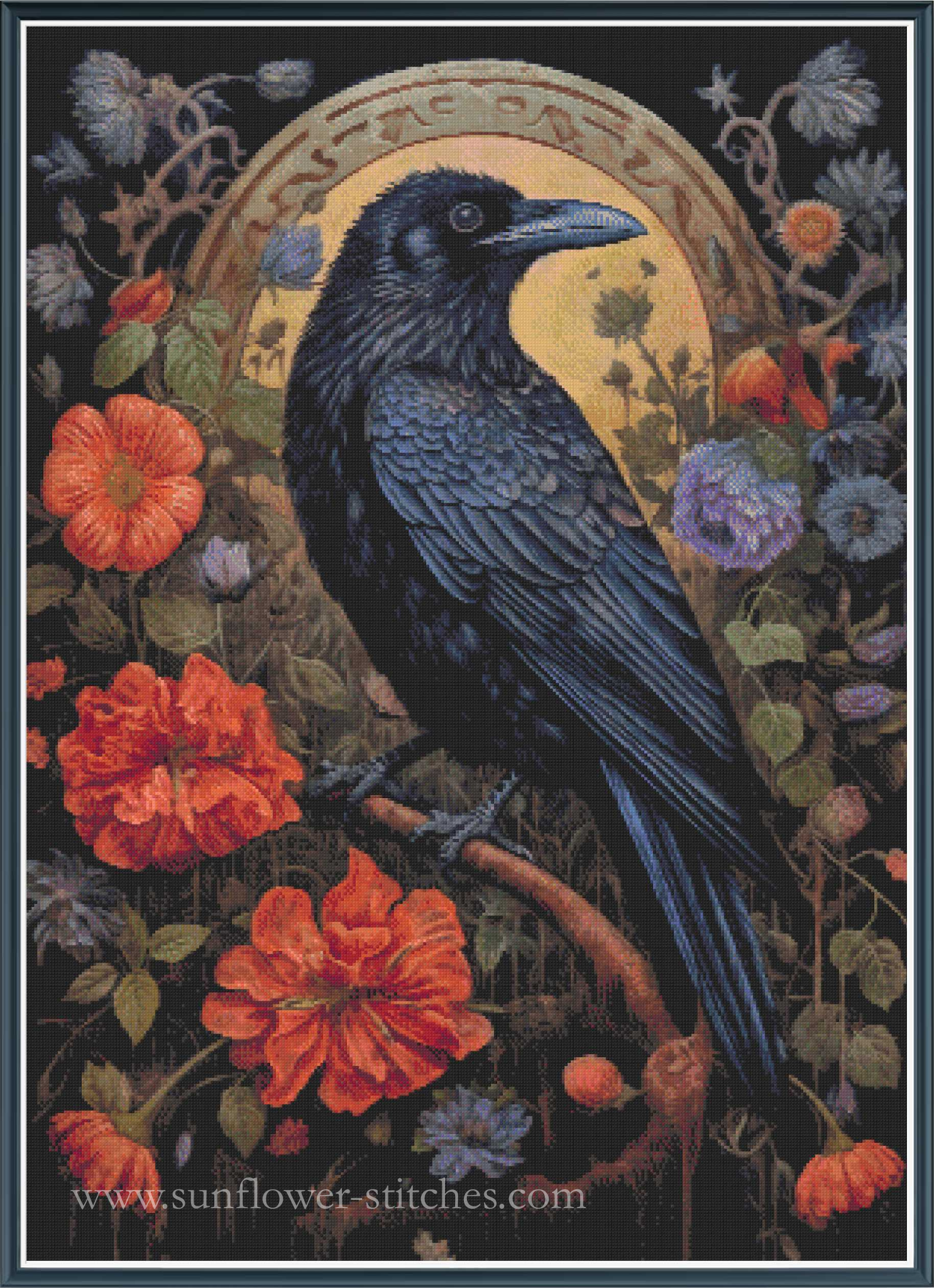 A cross-stitch pattern design featuring a black raven perched among vibrant orange and purple flowers, set against a dark background with a golden arch motif. 