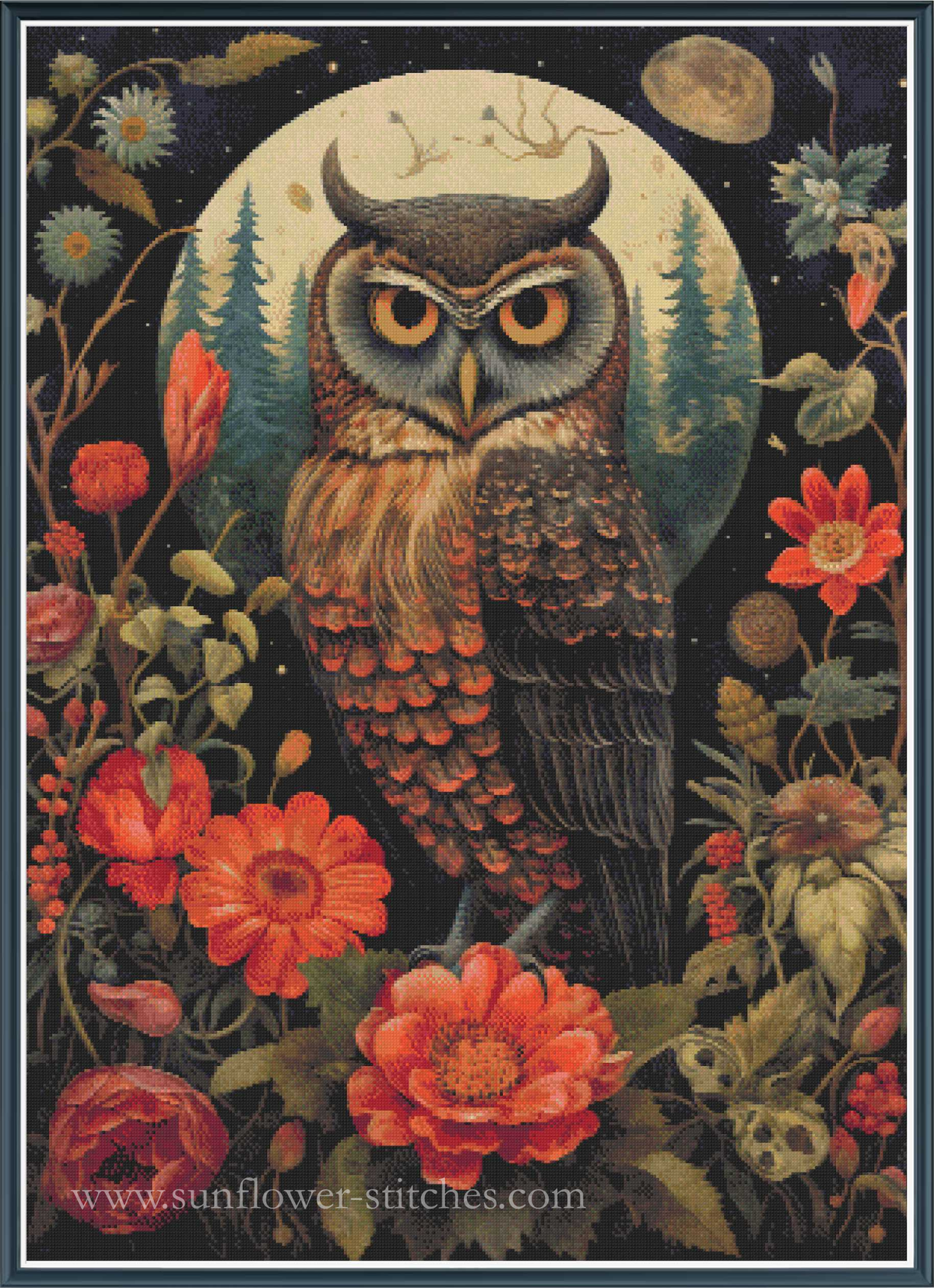 A stylized owl cross stitch perched among red and orange flowers, with a moon, stars, and pine trees in the background. 