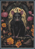 A decorative cross stitch featuring a black rat centered within an ornate arched frame, surrounded by pink flowers and yellow-orange blossoms. The artwork has a dark vintage illustration style with visible floral motifs and a watermark reading www.