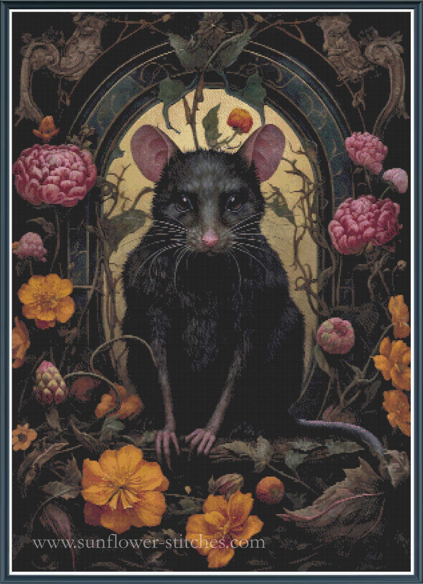 A decorative cross stitch featuring a black rat centered within an ornate arched frame, surrounded by pink flowers and yellow-orange blossoms. The artwork has a dark vintage illustration style with visible floral motifs and a watermark reading www.