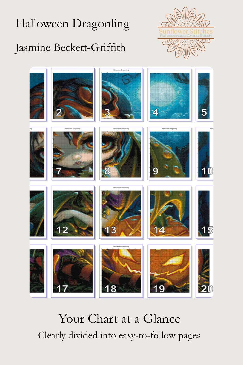 Halloween Dragonling page map showing the fairy, dragon and pumpkin design divided into 20 numbered chart pages.