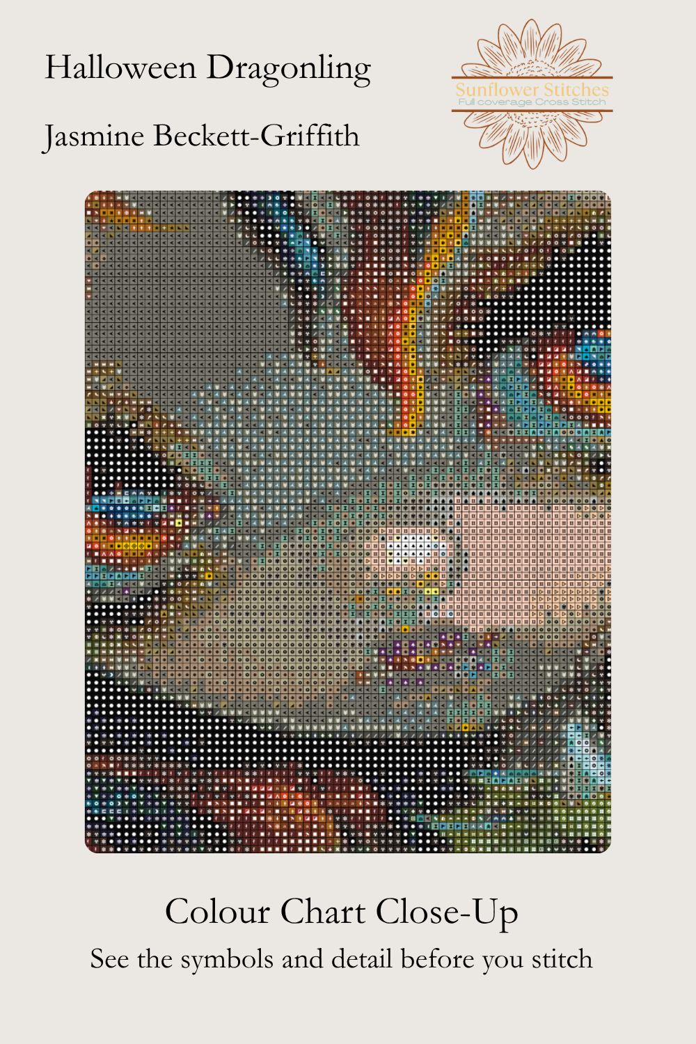 Halloween Dragonling colour chart close-up showing the fairy’s face beneath a grid of cross-stitch symbols.