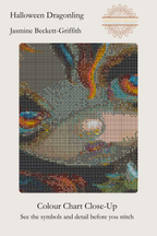 Halloween Dragonling colour chart close-up showing the fairy’s face beneath a grid of cross-stitch symbols.