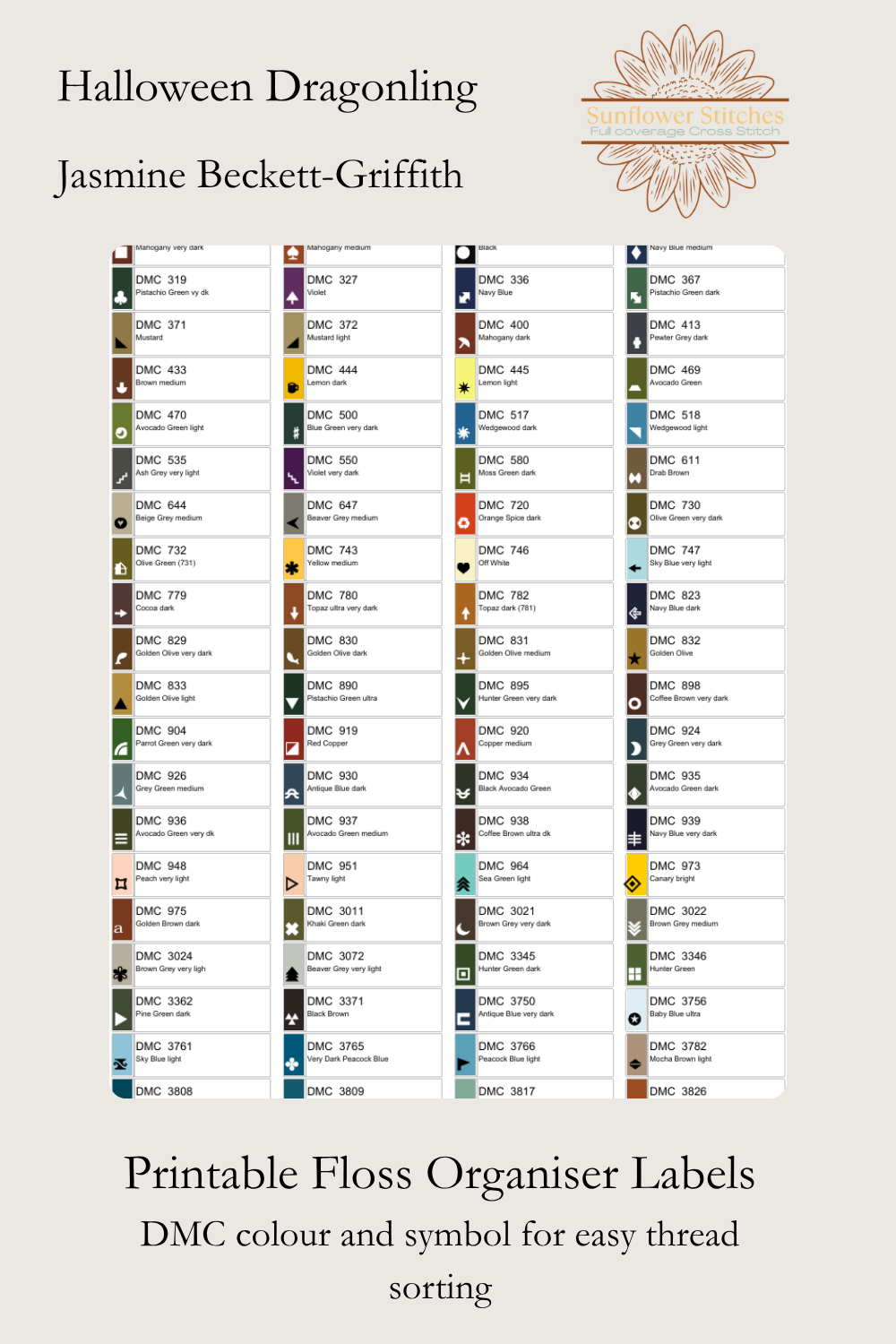 Halloween Dragonling printable floss organiser labels showing DMC colour numbers, names and matching chart symbols.