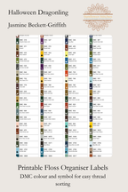 Halloween Dragonling printable floss organiser labels showing DMC colour numbers, names and matching chart symbols.