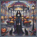 Gothic fantasy cross stitch of a woman in a black corset and thigh-high boots standing in a cobblestone street under an iron gazebo, surrounded by pumpkins, orange flowers, black cats, and autumn leaves.