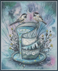 Digital PDF full-coverage cross-stitch chart of birds on stacked teacups, Invitation to Tea by Sunflower Stitches.