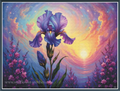A full coverage cross stitch mock up depicting a large purple and blue iris flower in the center, surrounded by pink wildflowers and a swirling sunset sky with yellow, orange, and purple hues.
