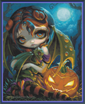 Halloween Dragonling cross-stitch pattern featuring a fairy holding a green dragon beside a glowing jack-o’-lantern under a full moon.