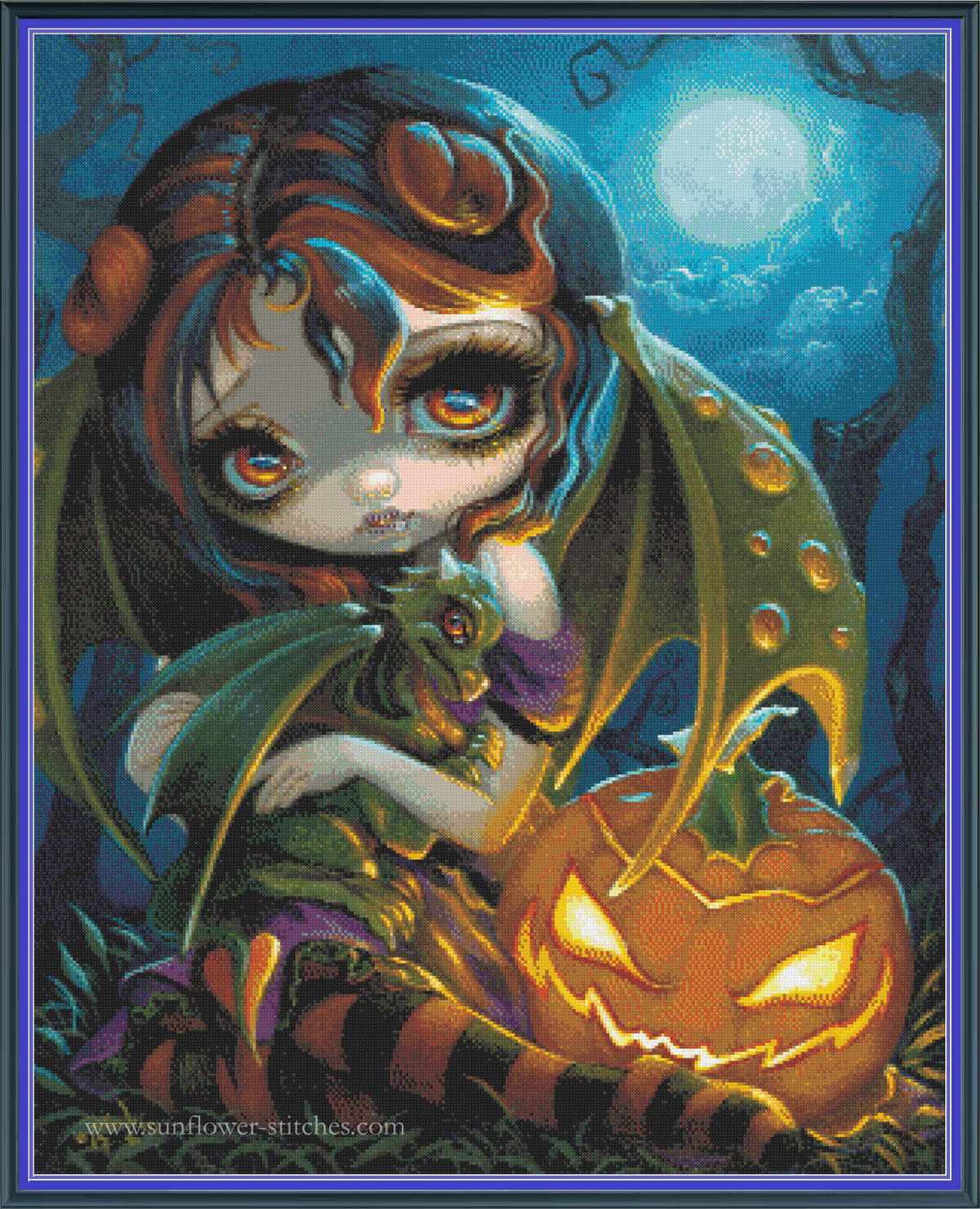 Halloween Dragonling cross-stitch pattern featuring a fairy holding a green dragon beside a glowing jack-o’-lantern under a full moon.