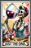A stylized tarot-card-style cross stitch with the text 'JUST THE ONE.' at the bottom.