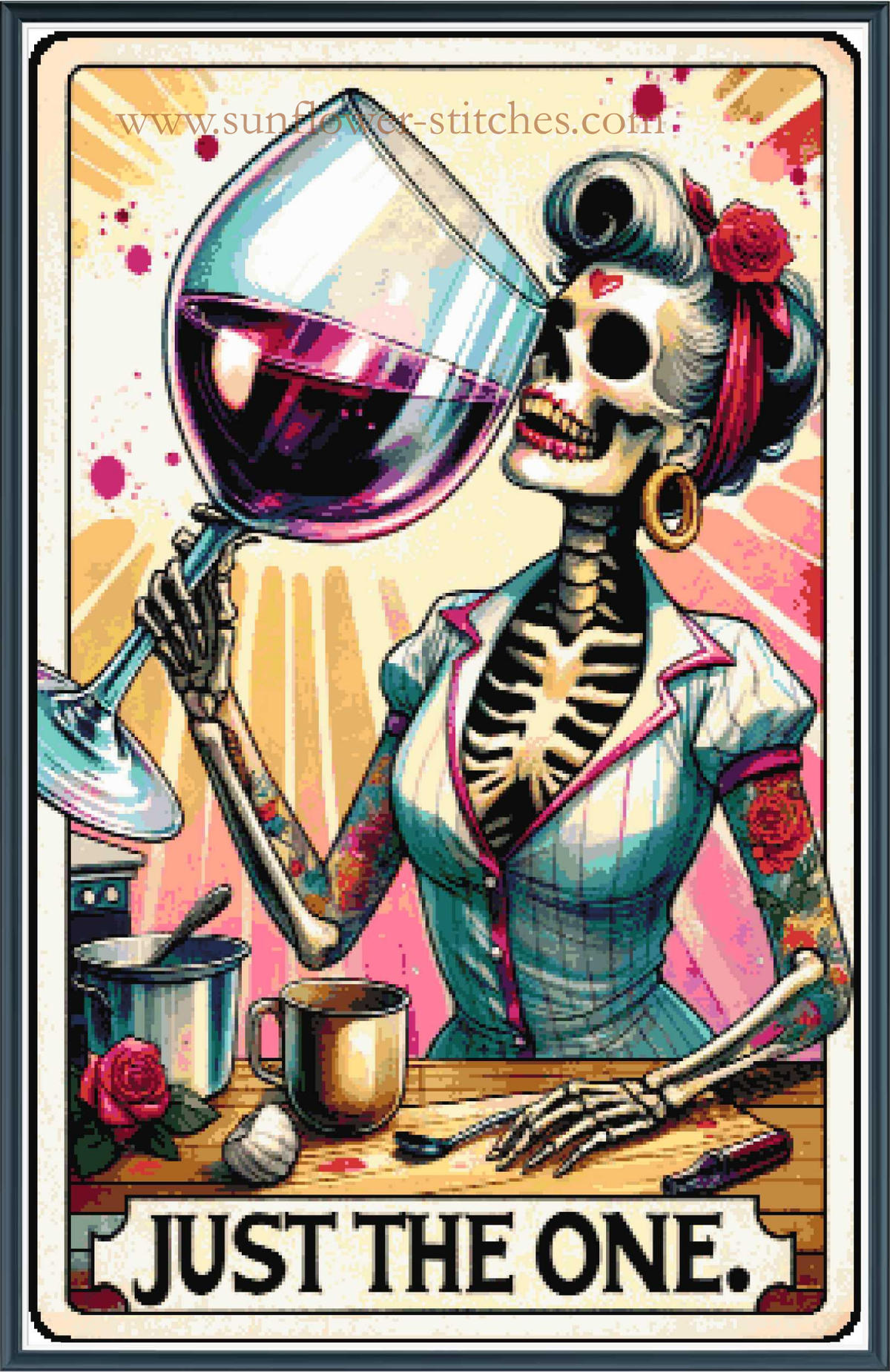 A stylized tarot-card-style cross stitch with the text 'JUST THE ONE.' at the bottom.