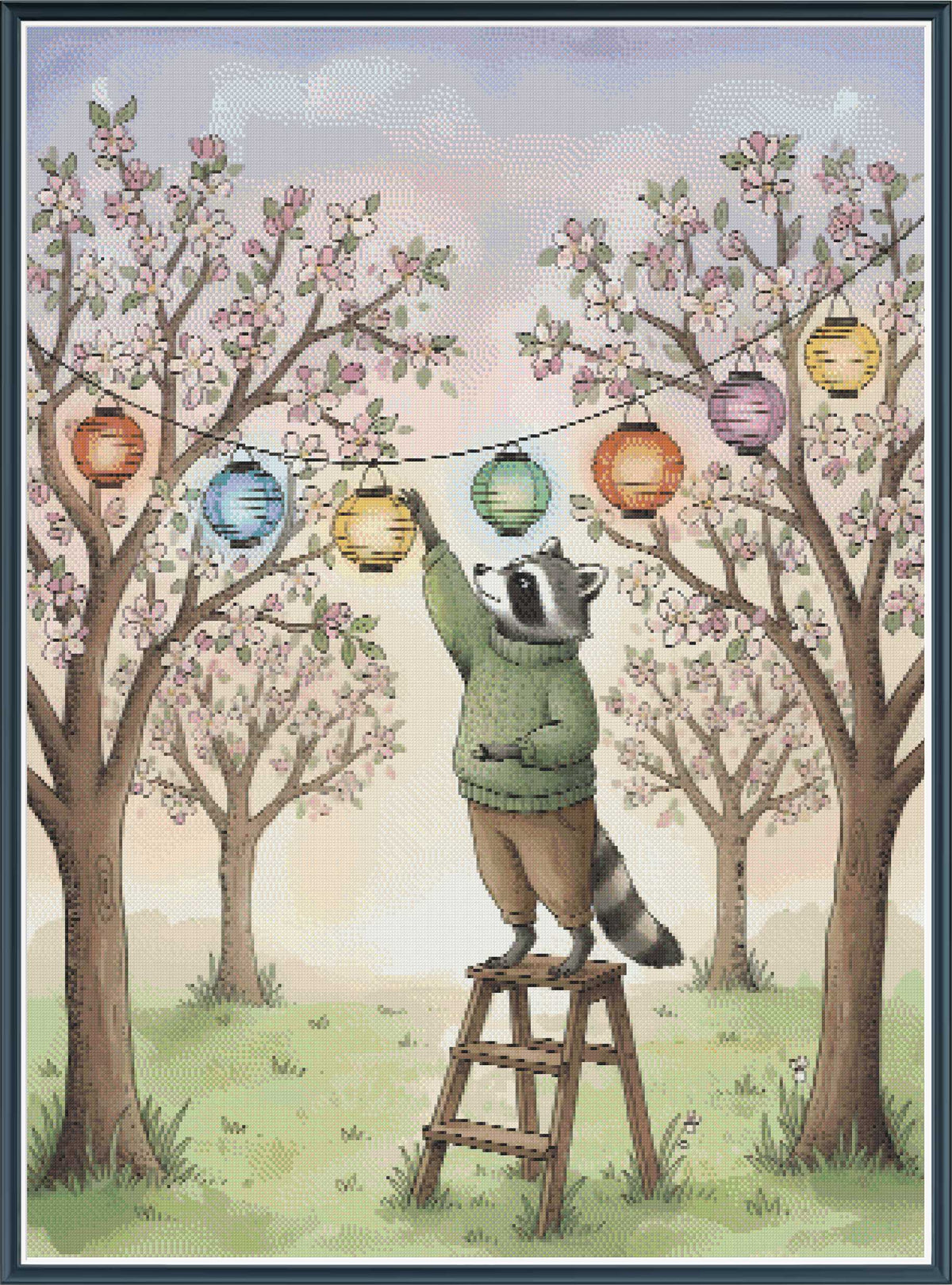 Digital PDF full-coverage cross-stitch chart of a raccoon, Lantern Light in Blossom Grove by Sunflower Stitches.

