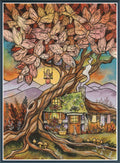 Digital PDF full-coverage cross-stitch chart of a glowing treehouse at sunset, Luminous Dusk by Sunflower Stitches.