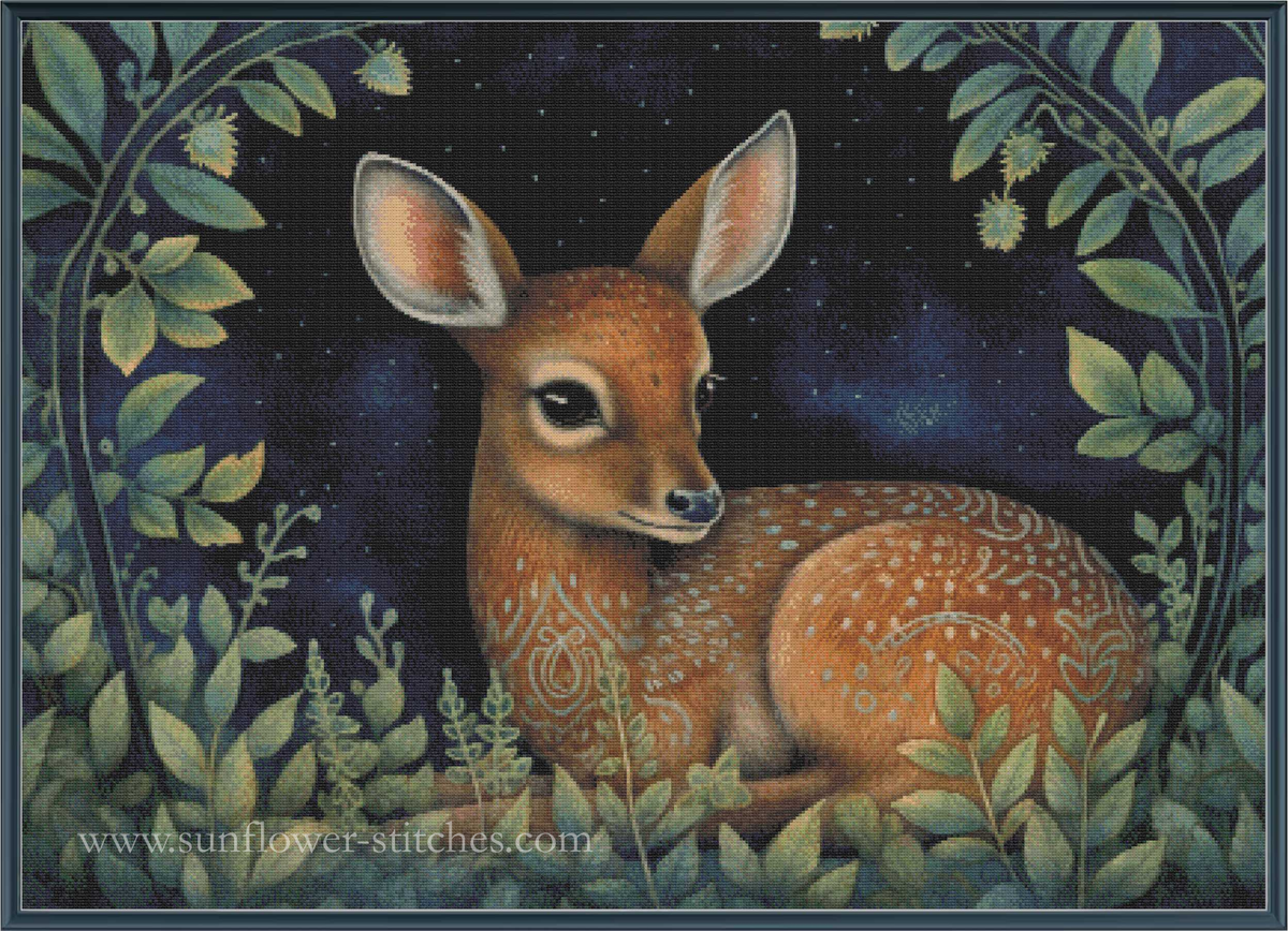 Digital PDF full-coverage cross-stitch chart of a woodland fawn, Midnight Animals Deer by Sunflower Stitches.