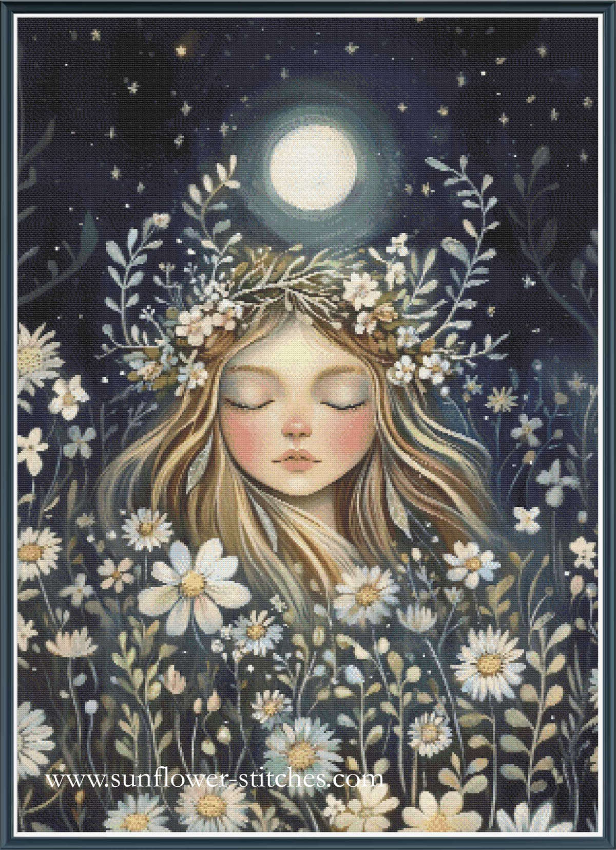 A cross stitch pattern featuring a sleeping girl with closed eyes, surrounded by white daisies and a floral crown, under a bright full moon in a dark starry night sky. 