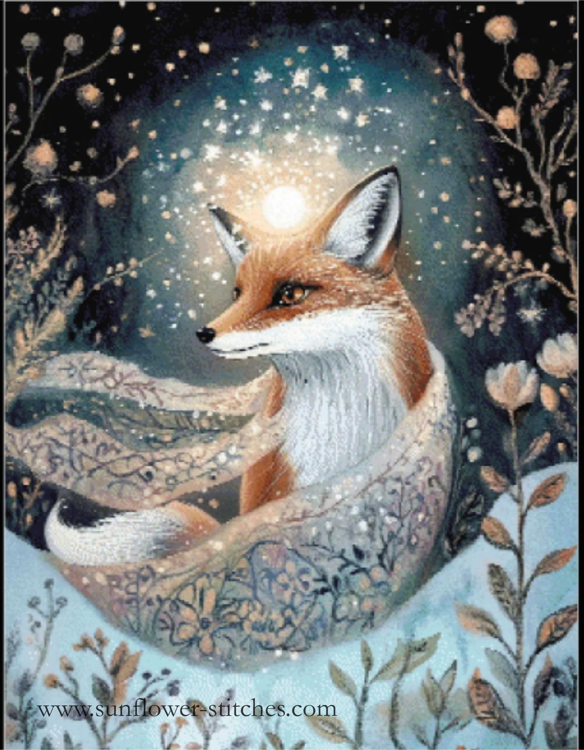 A whimsical cross stitch fox sitting in a floral, moonlit nest under a glowing starry sky. The artwork has soft pastel tones with blue, beige, brown, and white