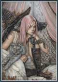 Fantasy cross stitch featuring a pale-skinned woman with long pink hair, dark wings, and a black bow, seated indoors with a gray cat on her lap. The scene includes pink drapery, a lattice window, and scattered autumn leaves