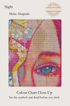 Close-up of Night’s colour cross-stitch chart showing stitch symbols around the woman’s eye and mosaic mask.