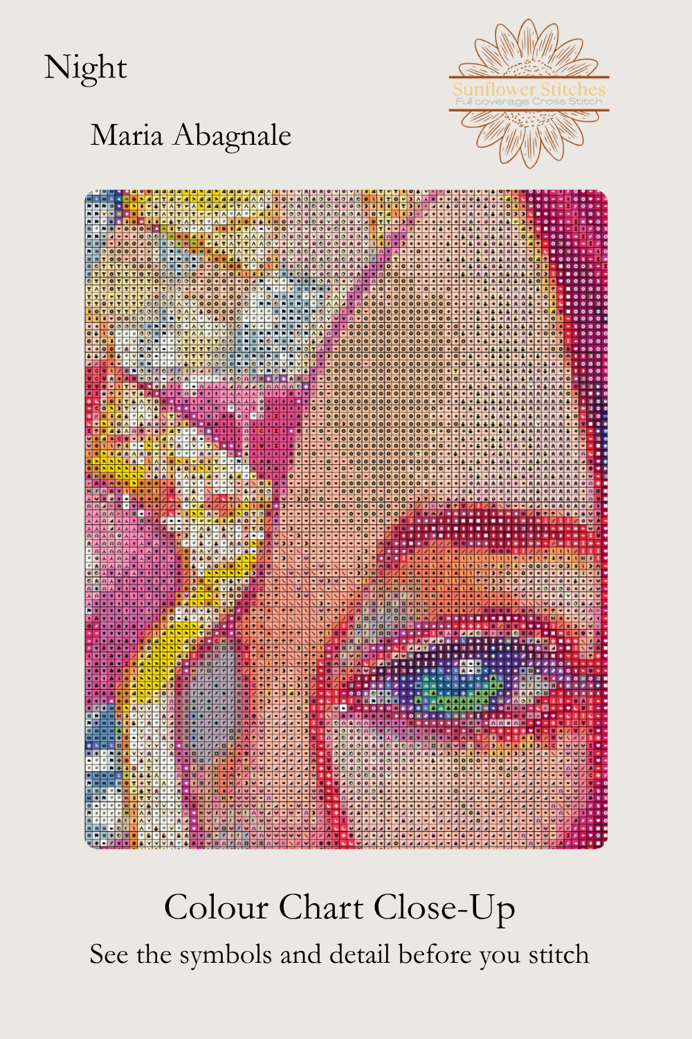 Close-up of Night’s colour cross-stitch chart showing stitch symbols around the woman’s eye and mosaic mask.