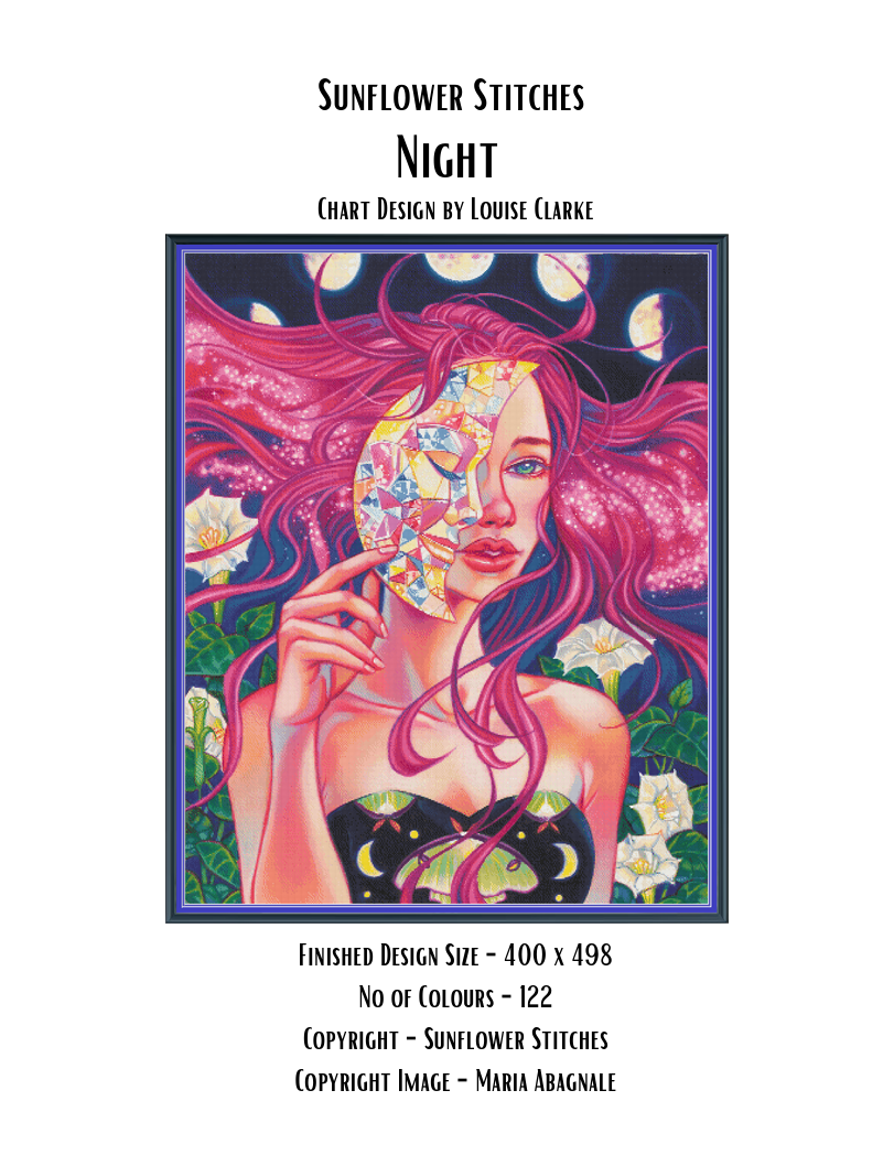 Night cross-stitch chart cover showing artwork by Maria Abagnale, 400×498 stitches and 122 colours.

