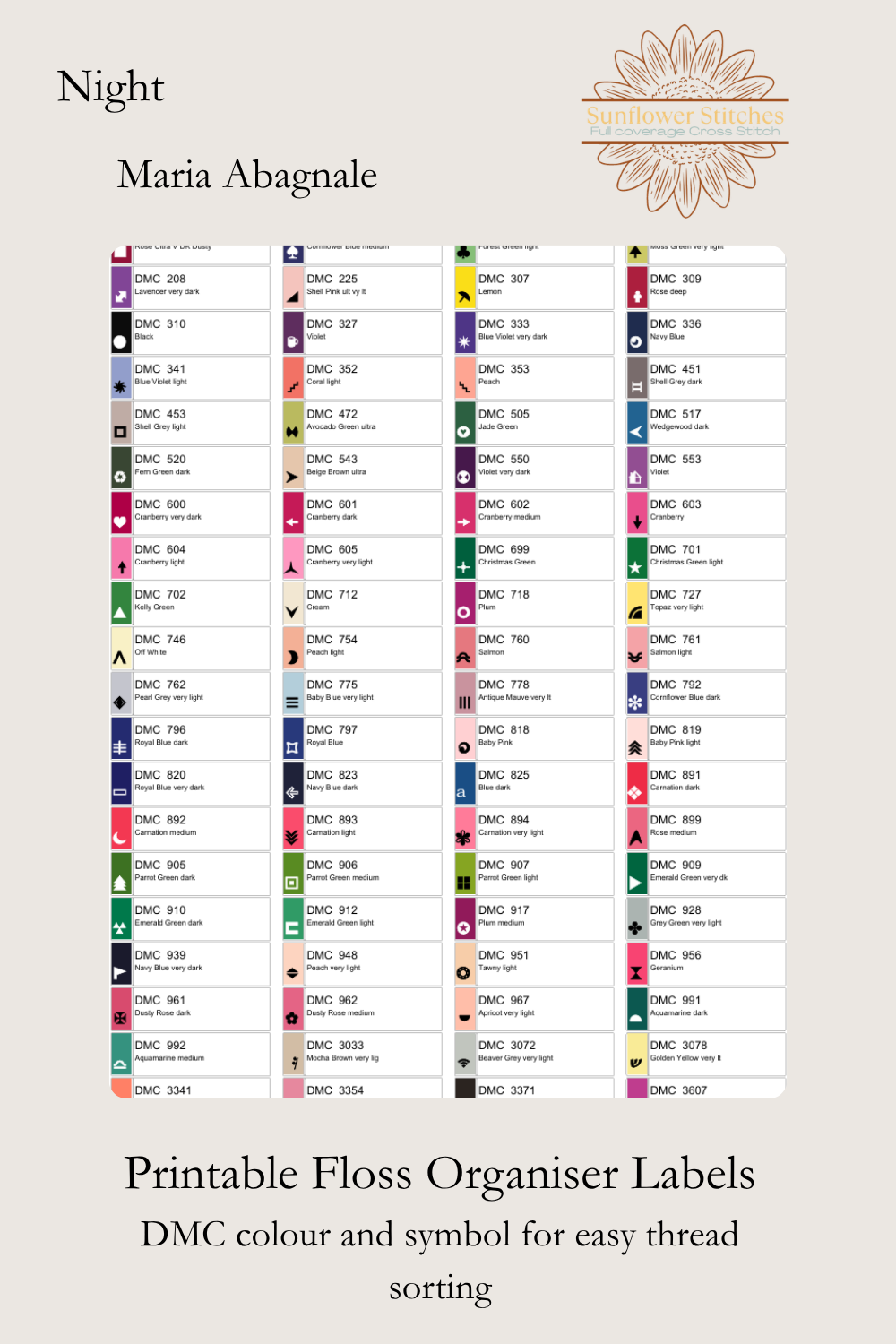 Printable DMC floss organizer labels included with the Night download.