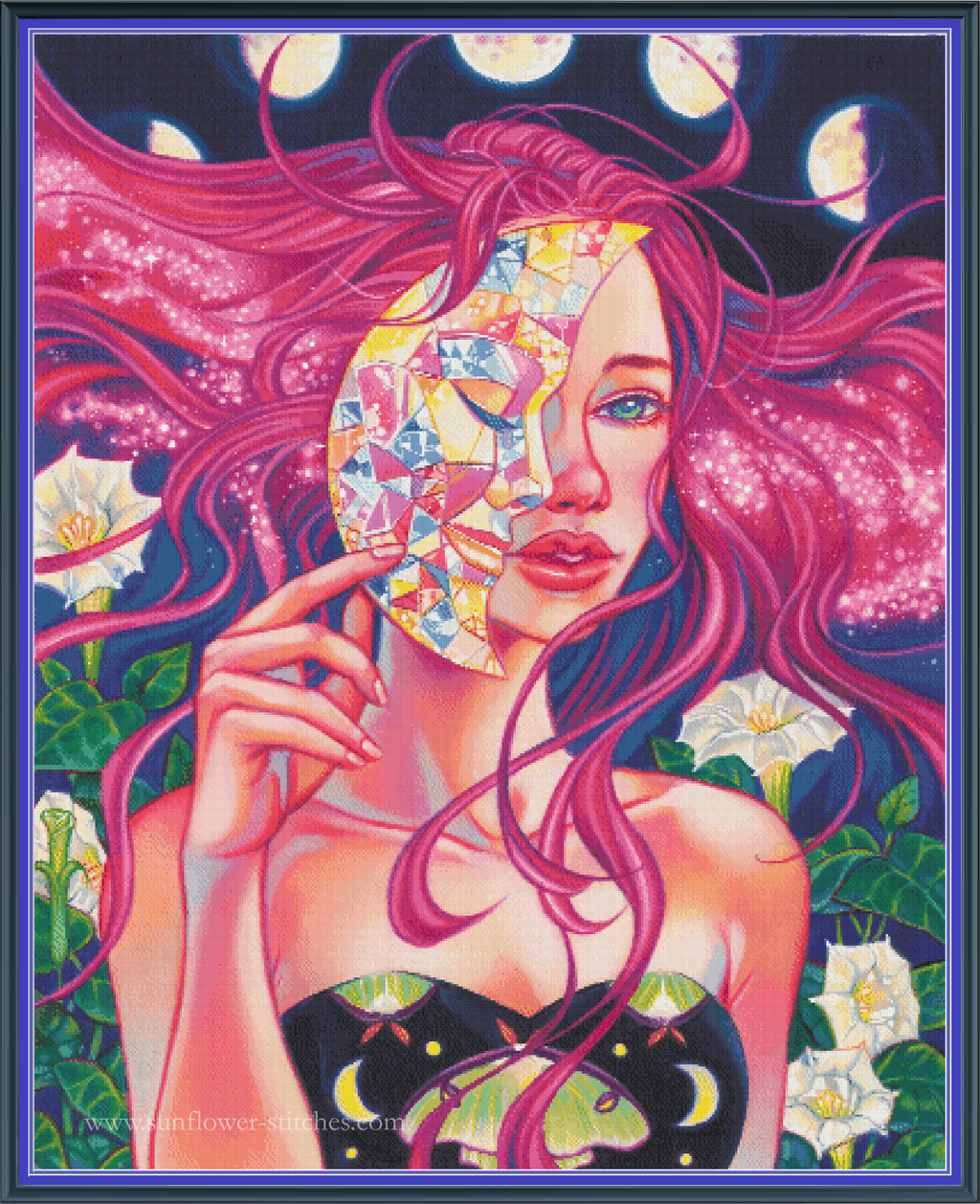 Woman with flowing pink hair holding a mosaic mask beneath moon phases, Night full-coverage cross-stitch design.