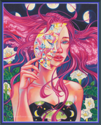 Woman with flowing pink hair holding a mosaic mask beneath moon phases, Night full-coverage cross-stitch design.