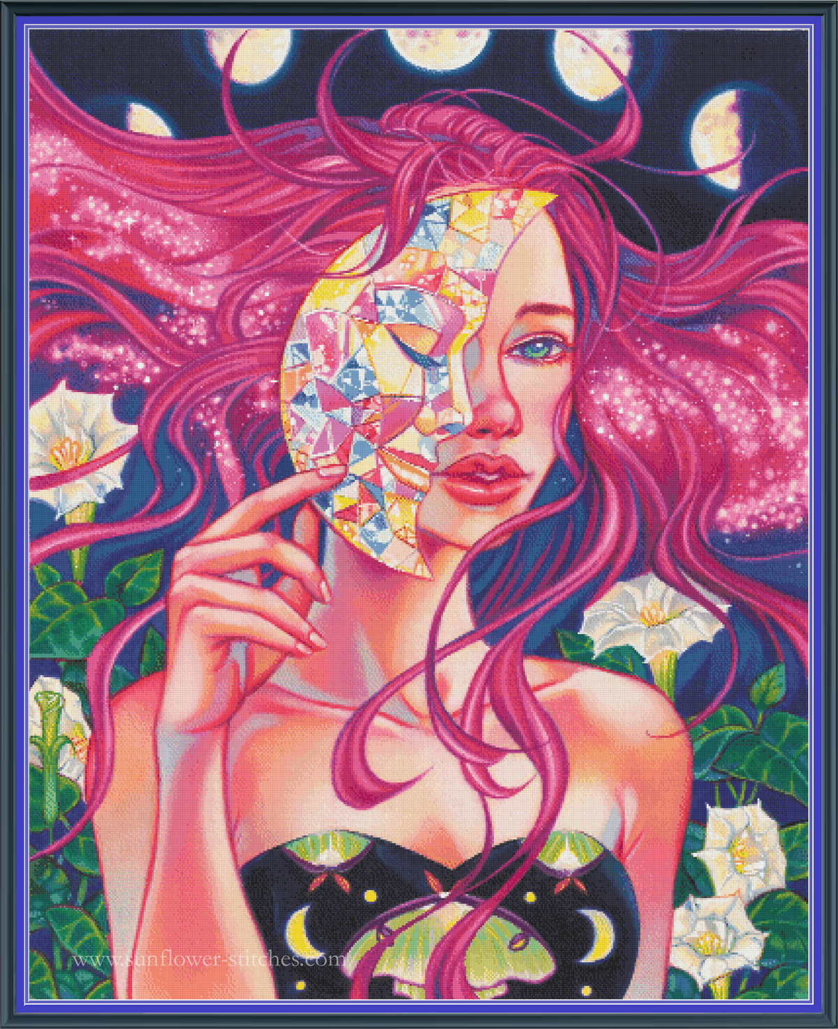 Woman with flowing pink hair holding a mosaic mask beneath moon phases, Night full-coverage cross-stitch design.