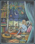 Digital PDF full-coverage cross-stitch chart of a girl with sleeping pets by a window, Nightfall by Sunflower Stitches.