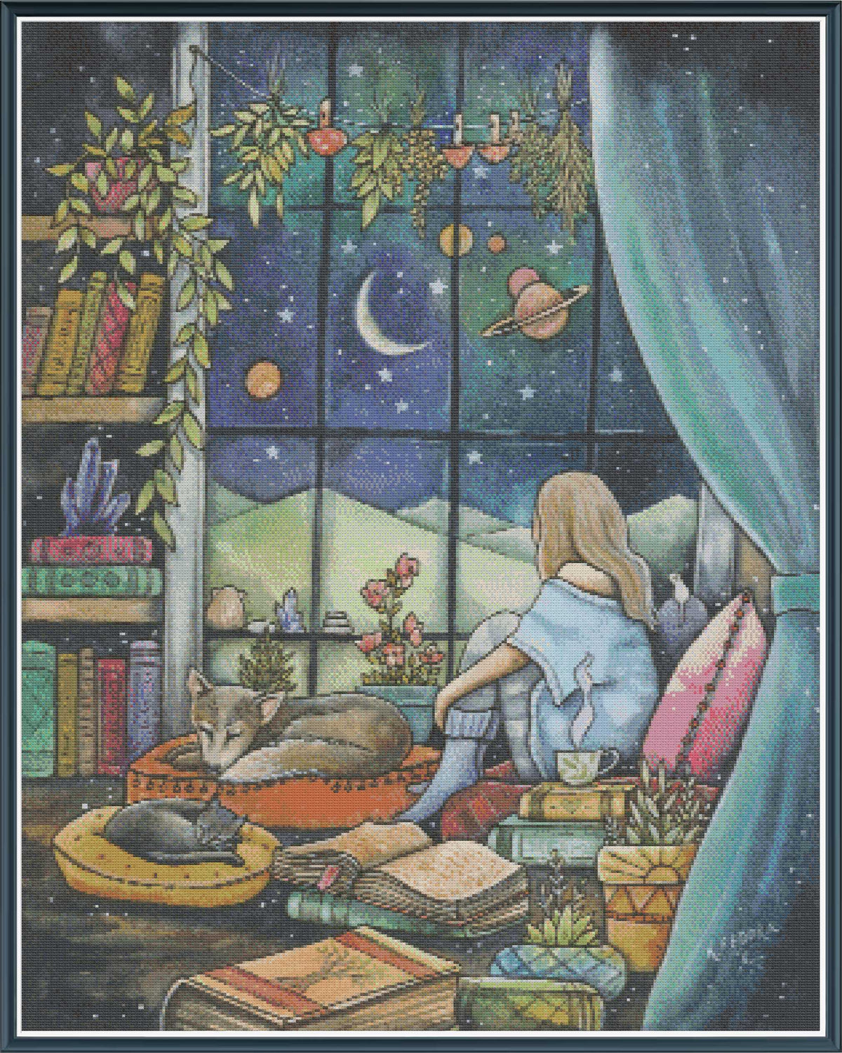Digital PDF full-coverage cross-stitch chart of a girl with sleeping pets by a window, Nightfall by Sunflower Stitches.