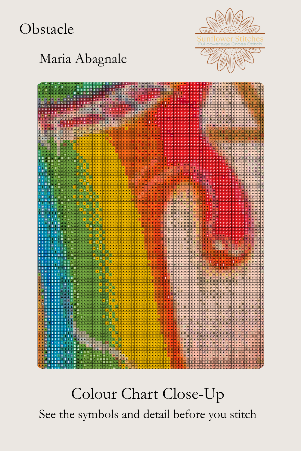 Obstacle colour chart close-up, showing stitch symbols over rainbow tears on the woman’s cheek, Sunflower Stitches.