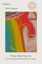 Obstacle colour chart close-up, showing stitch symbols over rainbow tears on the woman’s cheek, Sunflower Stitches.