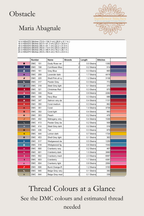 Obstacle thread chart, showing DMC colour numbers, symbols and estimated skein quantities, Sunflower Stitches.