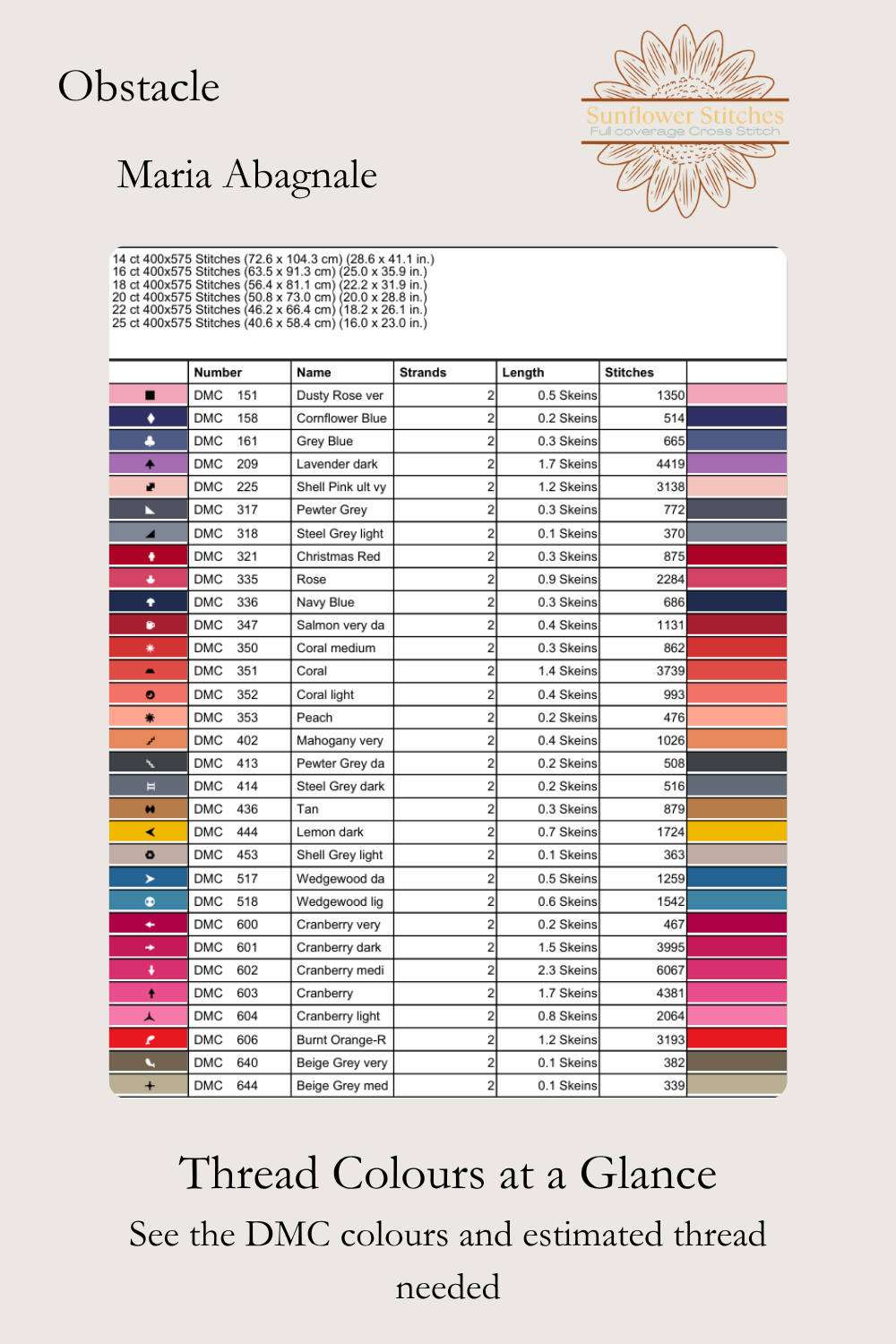 Obstacle thread chart, showing DMC colour numbers, symbols and estimated skein quantities, Sunflower Stitches.